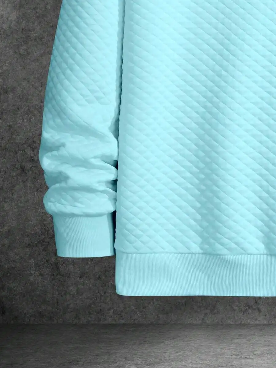 Men's Black Quilted Crewneck Long Sleeve Casual Sweatshirt for Autumn Winter