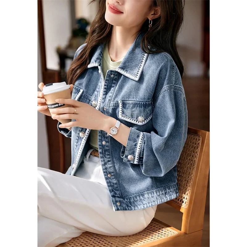 

2025 Female Loose Fitting Cowboy Coat Korean Ladies Fashion Denim Outerwear Summer Women Long Sleeves Woven Tape Jeans Jacket