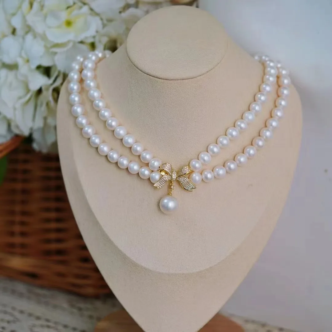 New Design 2 Rows 16-17in Round AAA+ 6-7mm White Natural Akoya Pearl Necklace 925 Sterling Silver