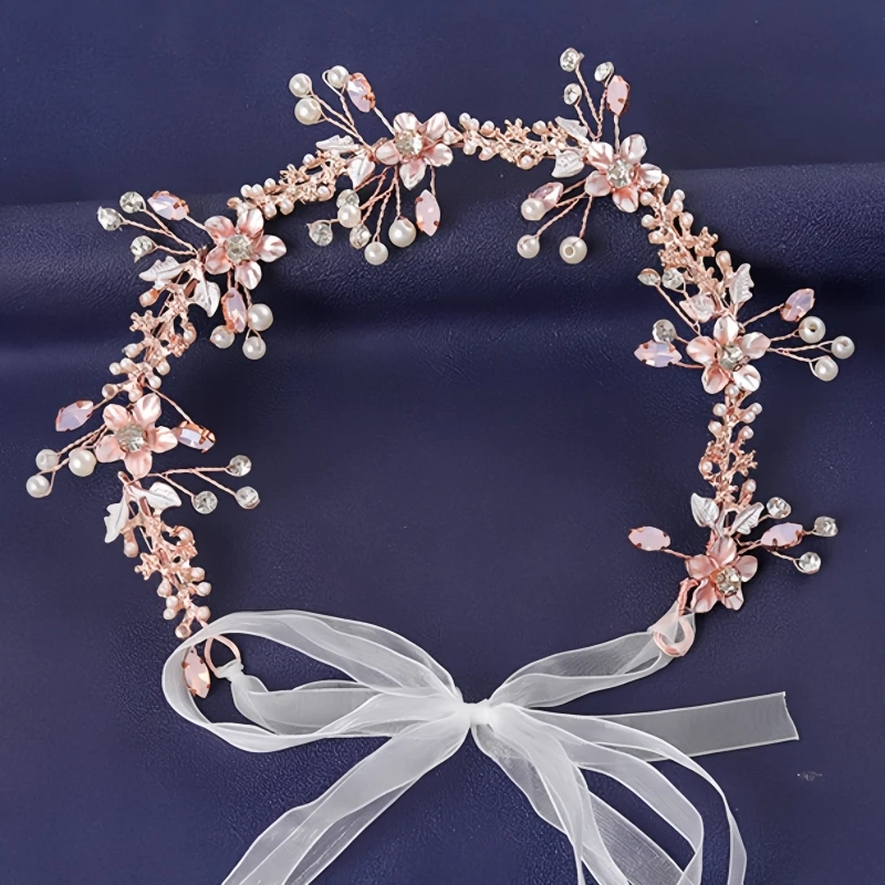 Rose Gold Color Flower Leaf Hairband Tiara For Women Party Pearl Headband Bridal Wedding Hair Accessories Jewelry Comb band Gift