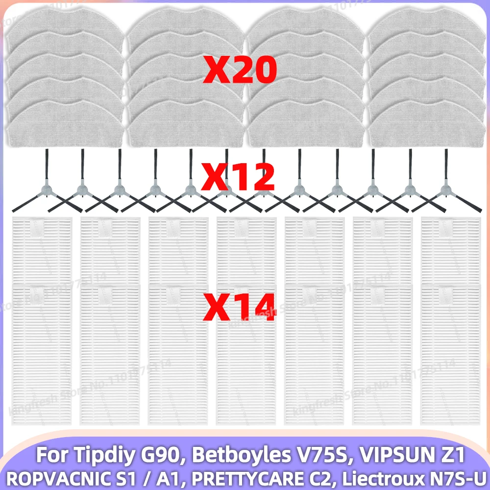 Cocok untuk (ROPVACNIC S1 / A1, PRETTYCARE C2, Tipdiy G90, Liectroux N7S-U, Betboyles V75S, VIPSUN Z1) Suku cadang penyedot debu: Kain pel, Sikat samping, Filter HEPA, Aksesori