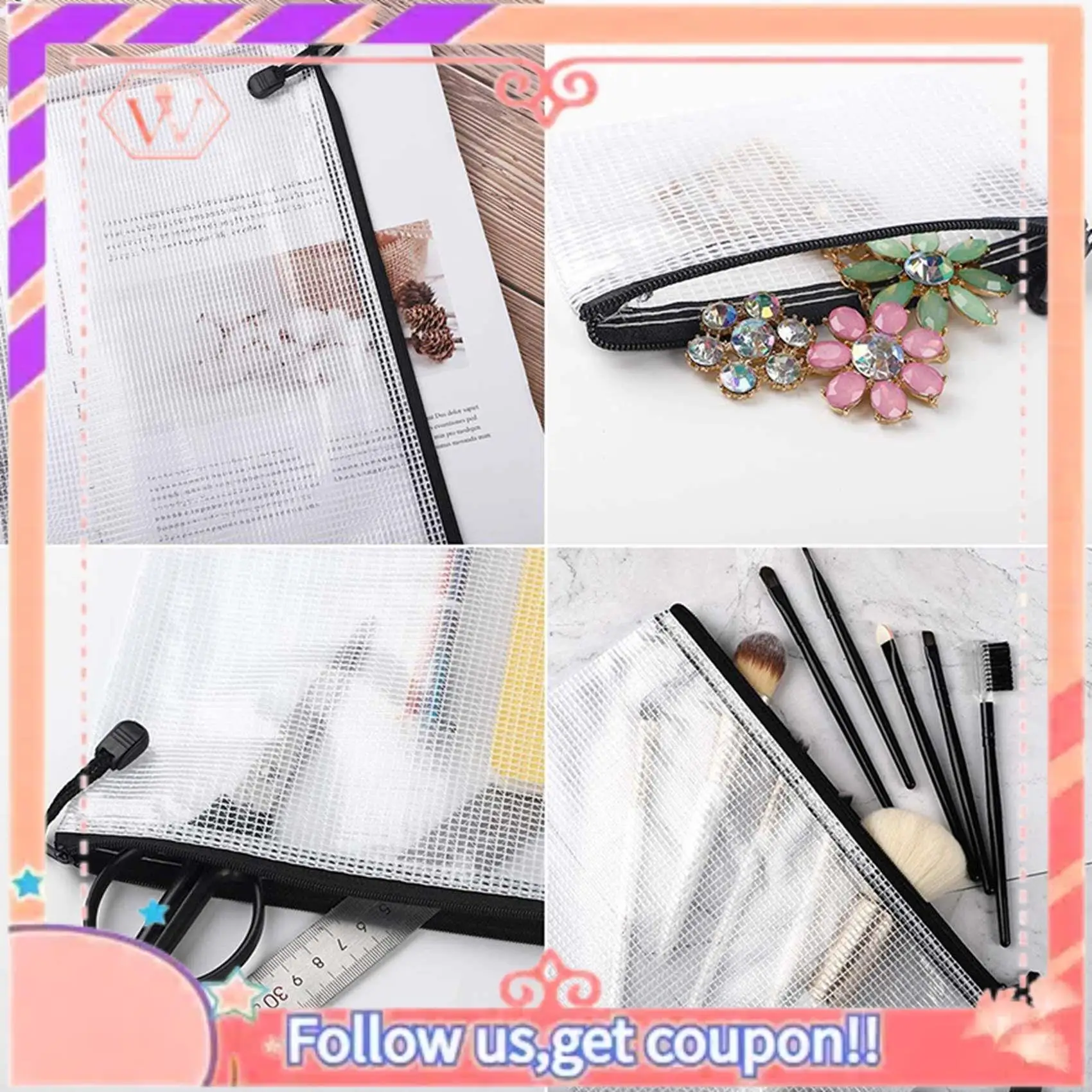 Upgraded 36Pcs Mesh Zipper Pouch Document Bag, 8 Assorted Size, Waterproof Plastic Zip File Folders, Multipurpose For Office,Hom