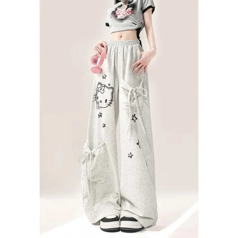 Deeptown Y2k Grigio Kawaii Pantaloni Cargo da Donna Cartoon Gamba Larga Pantaloni Sportivi di Moda Giapponese Baggy Anime Pantaloni Hip Hop Autunno