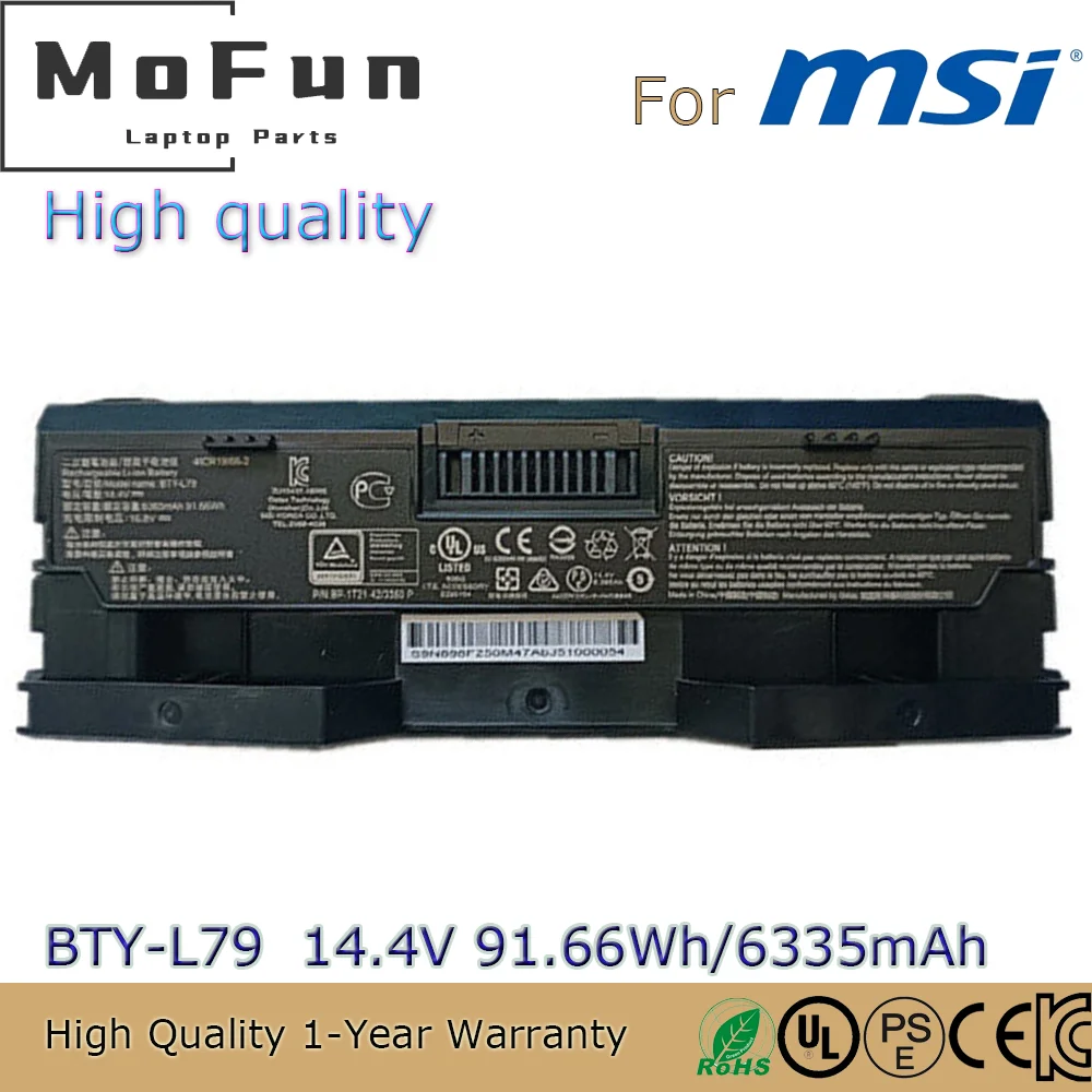 

Brand New High quality BTY-L79 14.4V 91.66Wh Laptop Battery for MSI HTCVIVE VR One 7RE-231CN Series 4ICR19/66-2