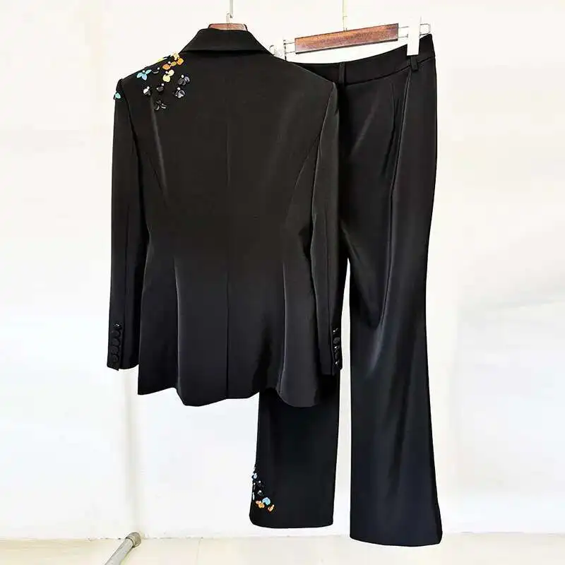 HKSH 2024 printemps automne nouvelles femmes marée étoile tempérament couleur paillettes simple bouton Blazer Long costume pantalon deux pièces ensemble HK3234