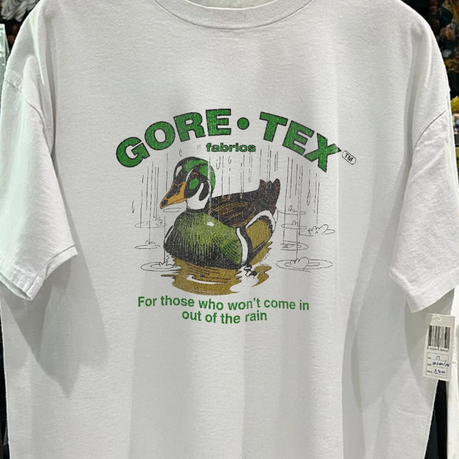 90s Gore-Tex Fabrics Promo Rare Washed White T-Shirt Men's Summer Cotton T-Shirt, Print Casual Sports Short Sleeve Tee