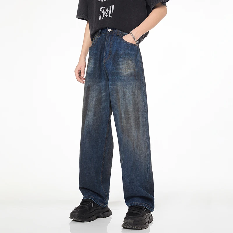 Retro Jeans Men's Spring and Summer Loose Wide-Leg Casual All-Match Washed Straight Fashion Youth Hip Hop Trousers