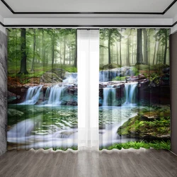 2PC Home Decoration Curtains, Waterfall Beach Scenery, Modern Printed Curtain With Pole Bag, Kitchen, Coffee Shop, Living Room