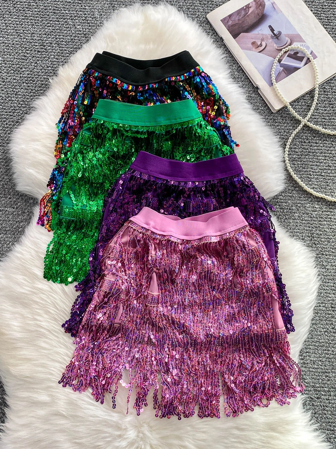 

Foamlina женская элегантная юбка с бахромой, новая мода, блестящая мини-юбка с эластичной резинкой на талии и блестками для сценического выступления, танцевальная юбка