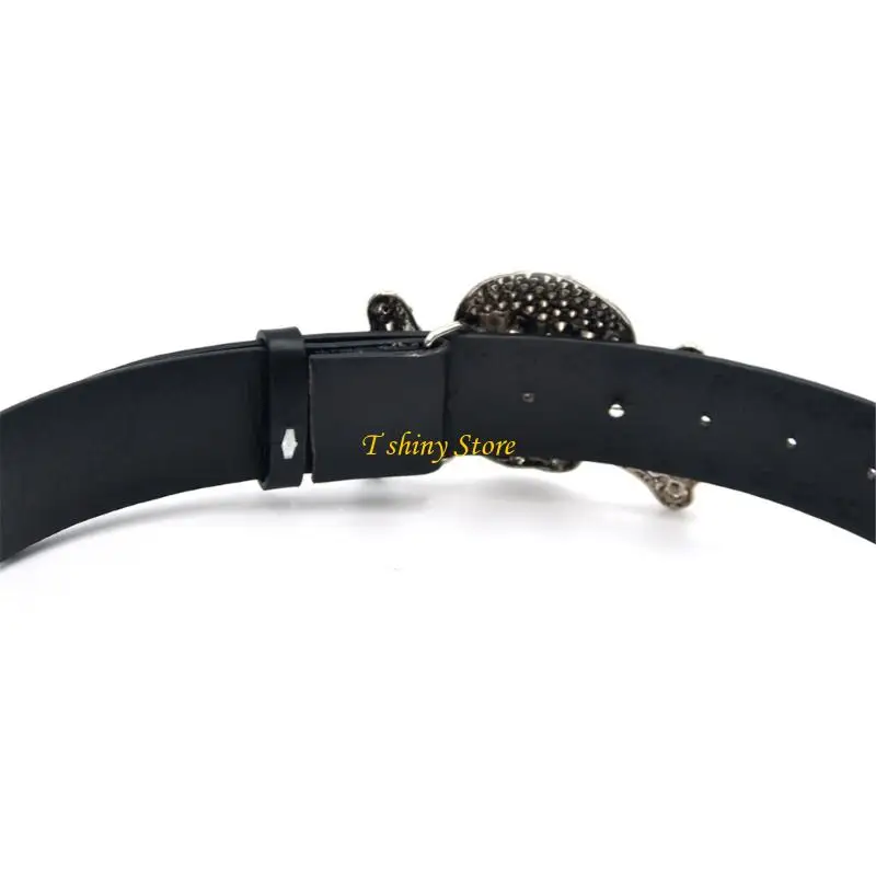 

N58F Rhinestones Skull Belt Western PU Leather Waistband For Women Girls Studded