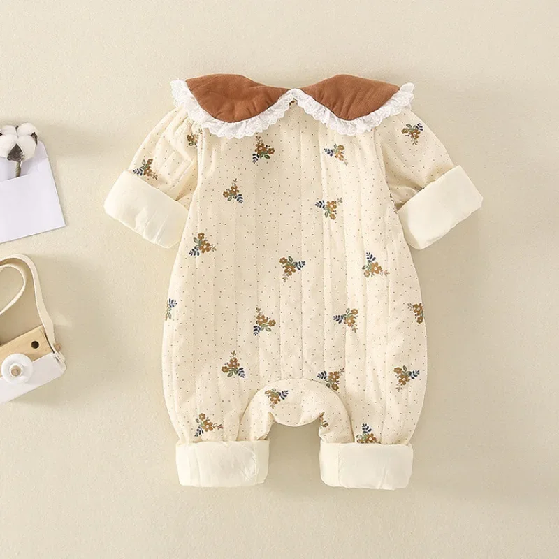 2024 Autumn Baby Clothes Add Silk Wadding Infant Girls Rompers Cute Toddler Floral Dot Doll Collar Warm Princess Jumpsuit