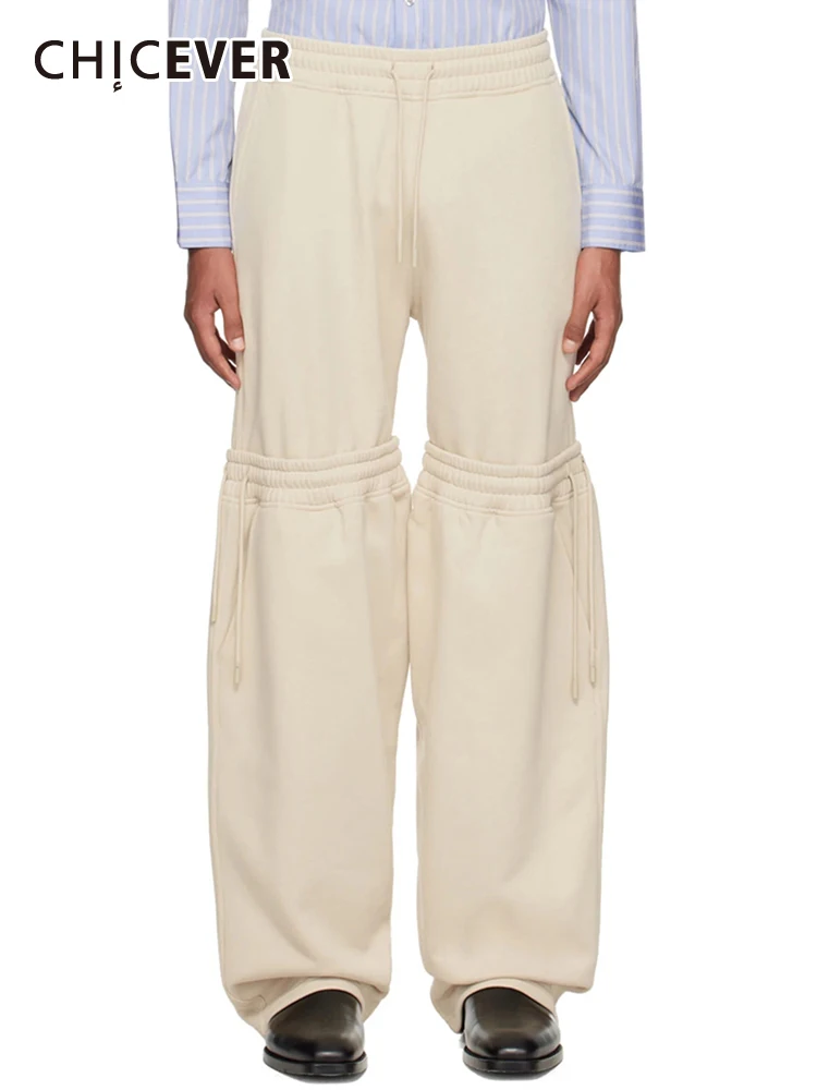 

CHICEVER Solid Patchwork Drawstring Pants For Women High Waist Spliced Pockets Casual Minimalist Loose Wide Leg Trousers Female