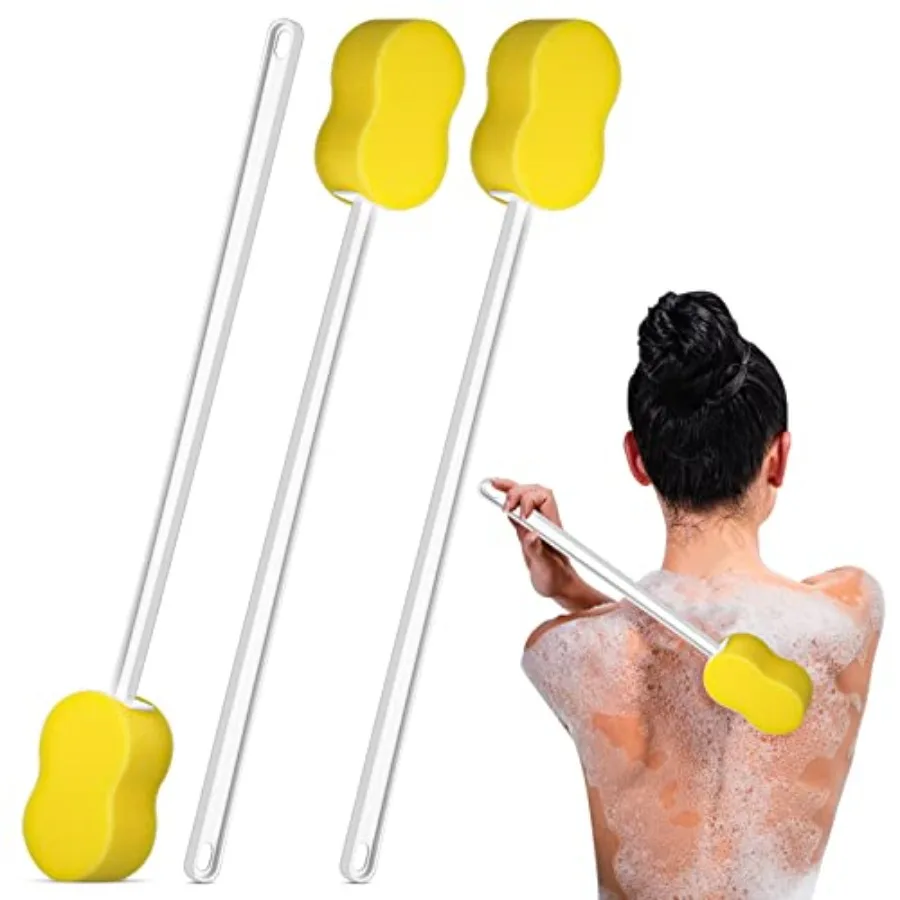 

3 Pieces Long Handle Sponge 22.4'' Back Sponge on a Stick Body Brush Handled Washer Scrubber for Foot Body Limited Motion Yello