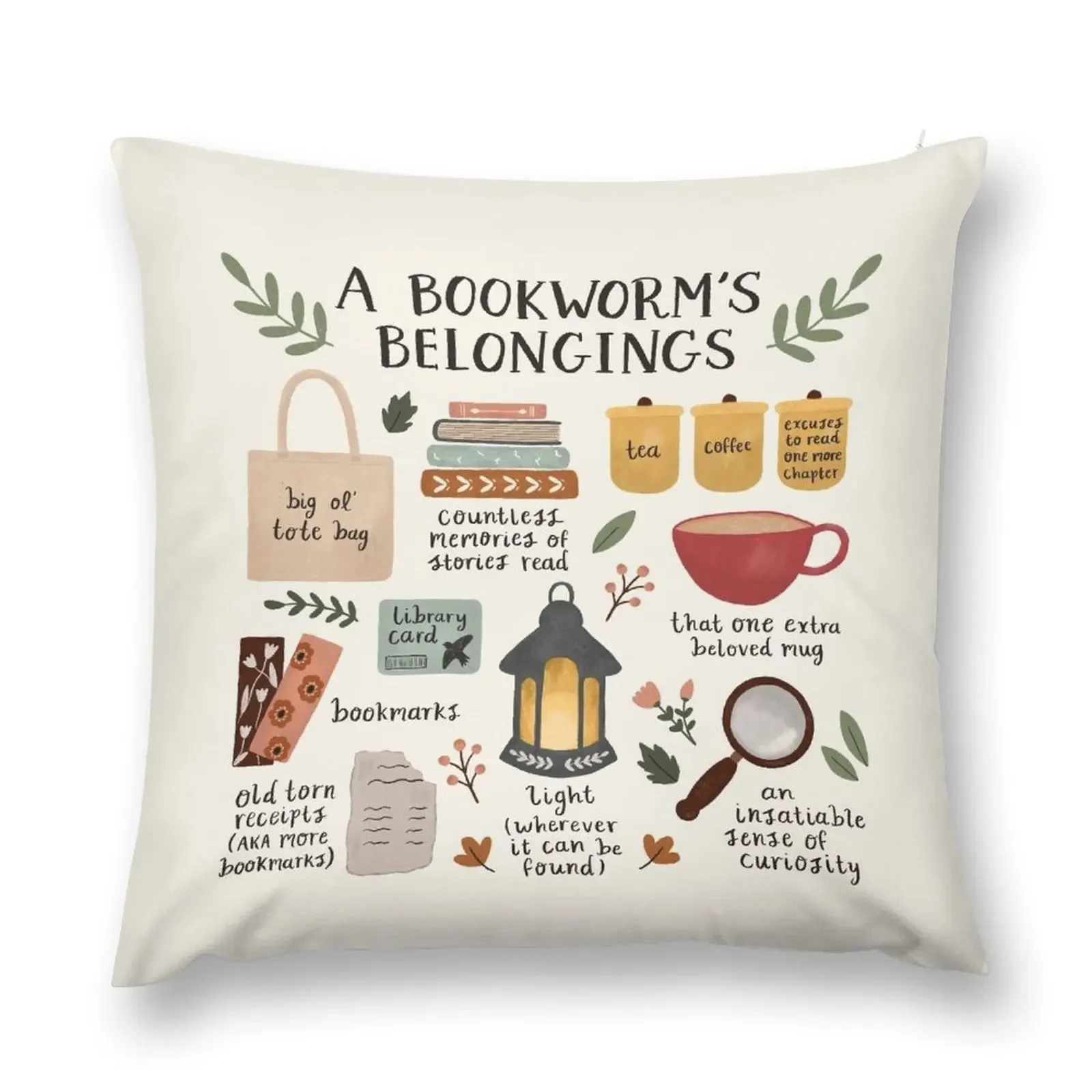 A Bookworm's Belongings Throw Pillow Cushions Sofa Decorative Covers Couch Cushions Decorative Sofa Cushion pillow