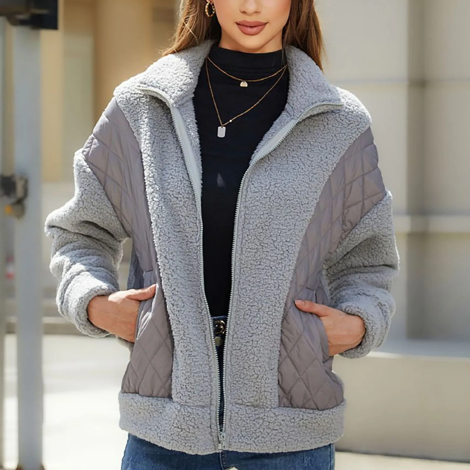 

Turn Down Collar Zipper Up Splicing Women's Jackets Coats Autumn And Winter New Ladies Parkas Fashionable Long Sleeved Cardigan