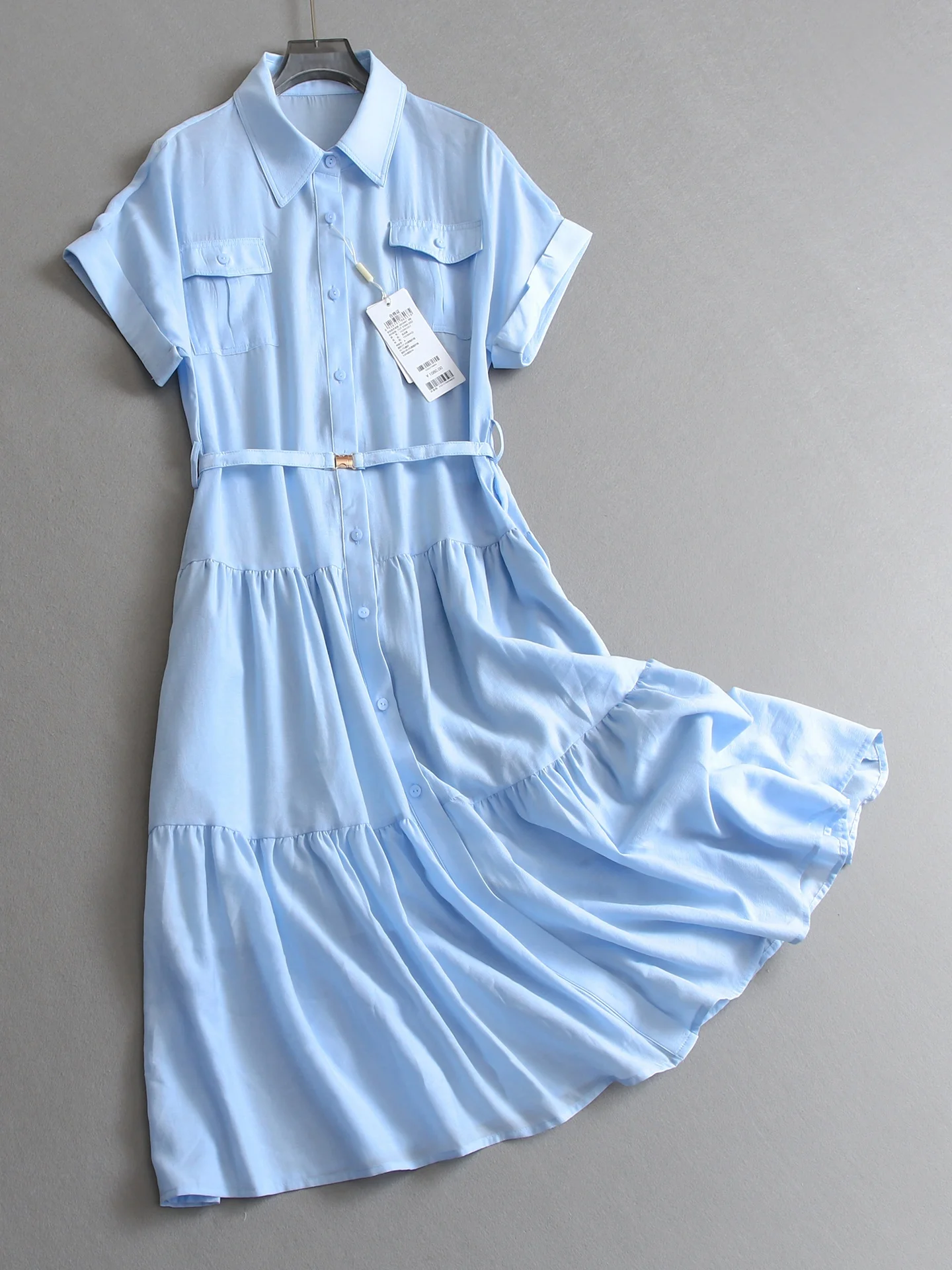 

Elegant Pure Color Symmetrical Pocket Shirt Dress High Waist Slim Short Sleeve Women's Long Dress T308 Casual Button up Style