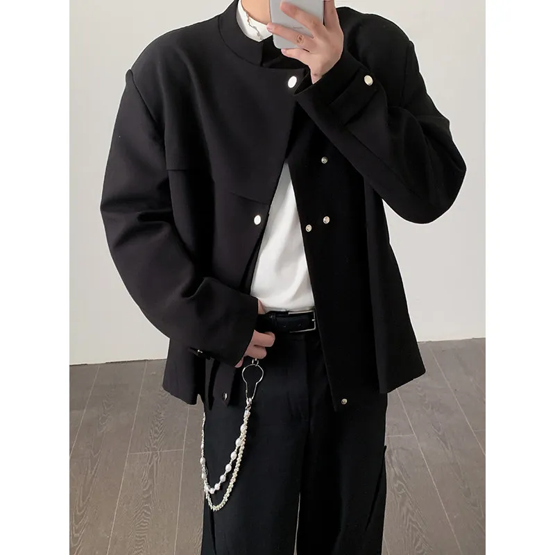 

Cool New Chinese Sle Men's Suit Jaet Hip Haome Stand Collar Side Button Design Faionable Urban Casual Long Sve Coat