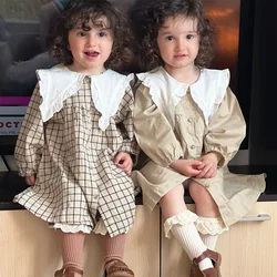 Baby Girl Dress Spring And Autumn Solid Color Checkered Collar Girl Long Sleeve Dress Cute Girl Princess Dress