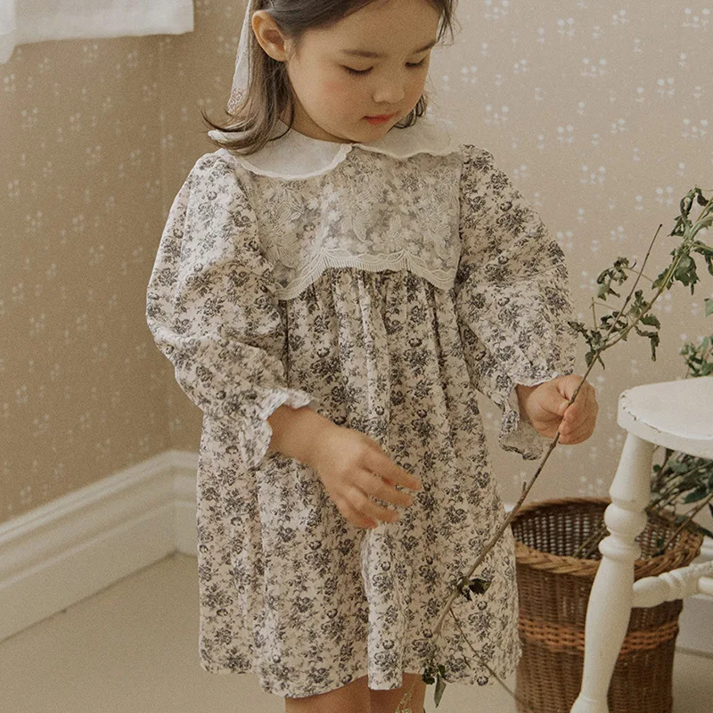 2023 Autumn  New Korean Children's and Girls' Fashionable Lace Lapel Countryside Flower Dress  kids dresses for girls