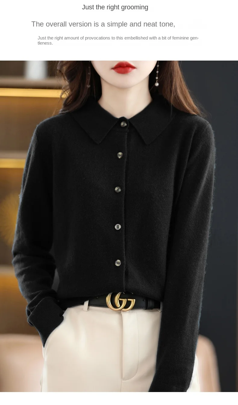 2024 Damen-Strickjacke mit POLO-Kragen, Basic, vielseitig, oben aus gesponnener Wolle, eleganter einreihiger Pullover DMR 430 – Detail 31