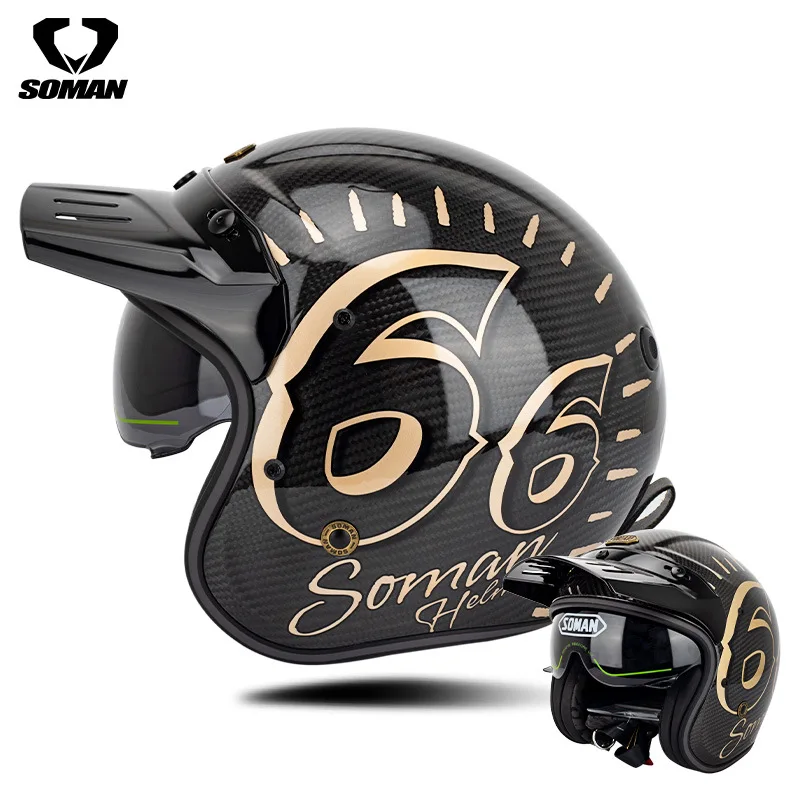 SOMAN CE DOT Carbon Fiber Motorcycle Helmet Retro Summer With Internal Visor Unisex Safety Biker Casco Moto Protective Gear