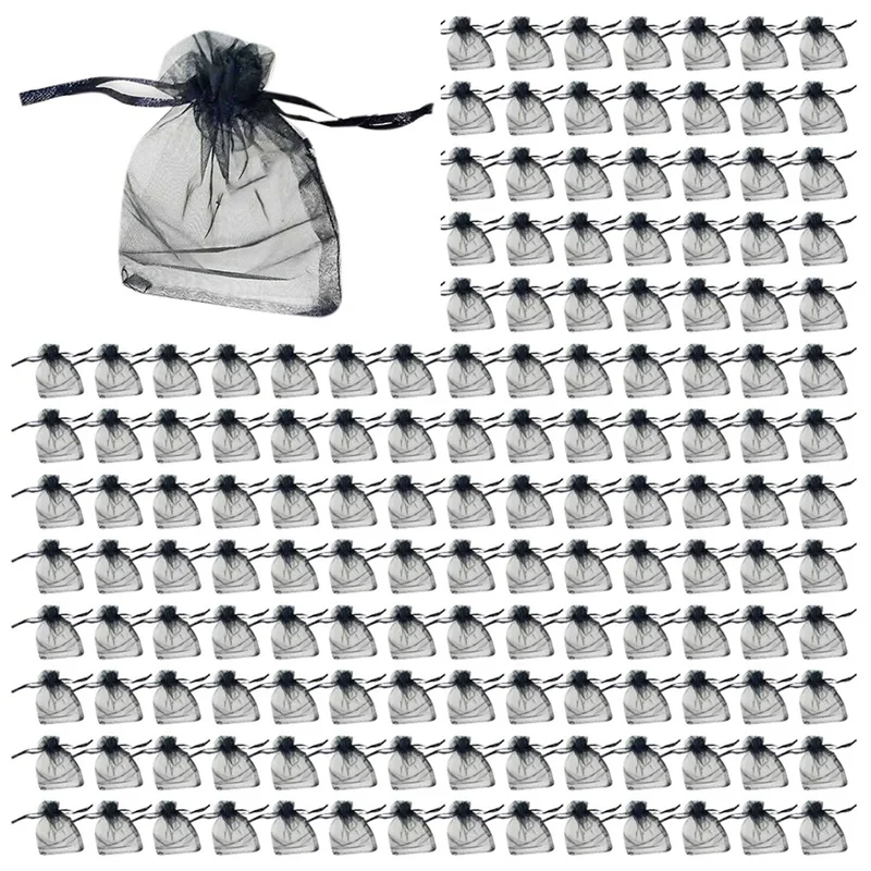 200PCS Black Organza Gift Bags 9X12cm, Mesh Wedding Favour Bags With Drawstring For Jewelry Makeup Candy Baby Shower