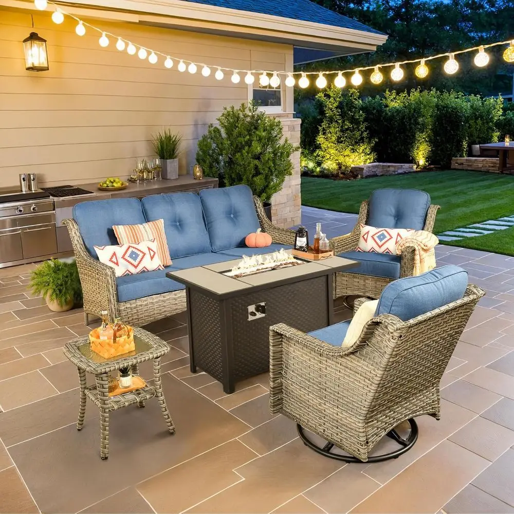 

5-Piece Outdoor Patio Furniture Set with 42 Fire Pit Table, High Back Couch, Swivel Rocking Chair, and 3-Seater Sofa in Blue Rat