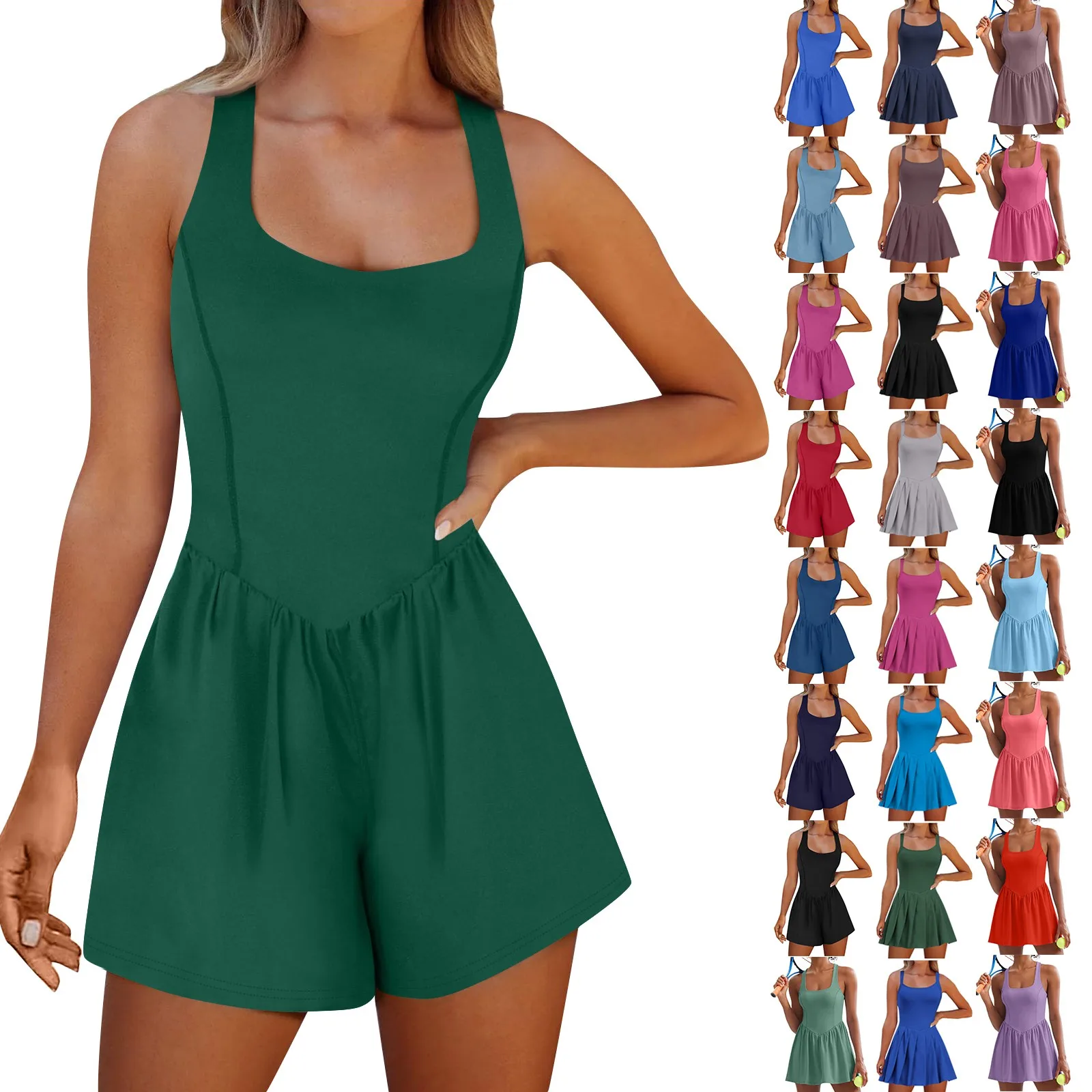 Womens Solid Color Sports Rompers Built In Shorts Casual Sleeveless Jumpsuit Workout Athletic Romper Ropa De Mujer Ofertas Шорти