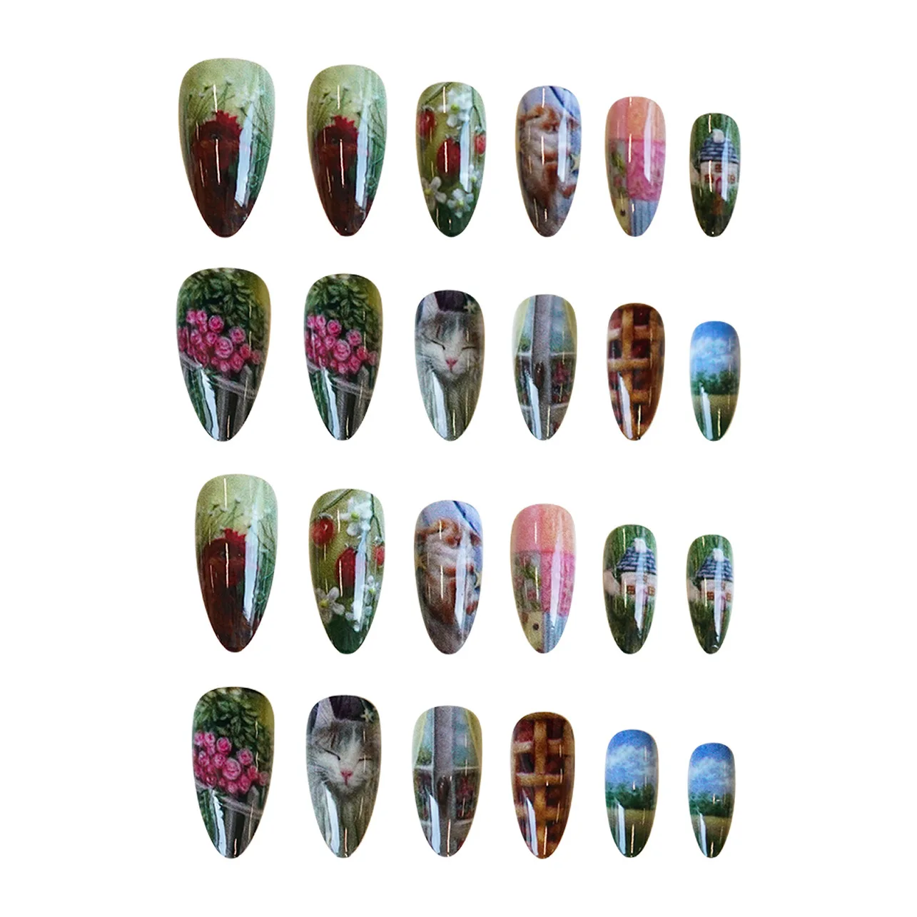 24 pièces Style pastoral amande presse sur ongles doux mignon petits animaux motif de fleur faux ongles couverture complète faux ongles conseils