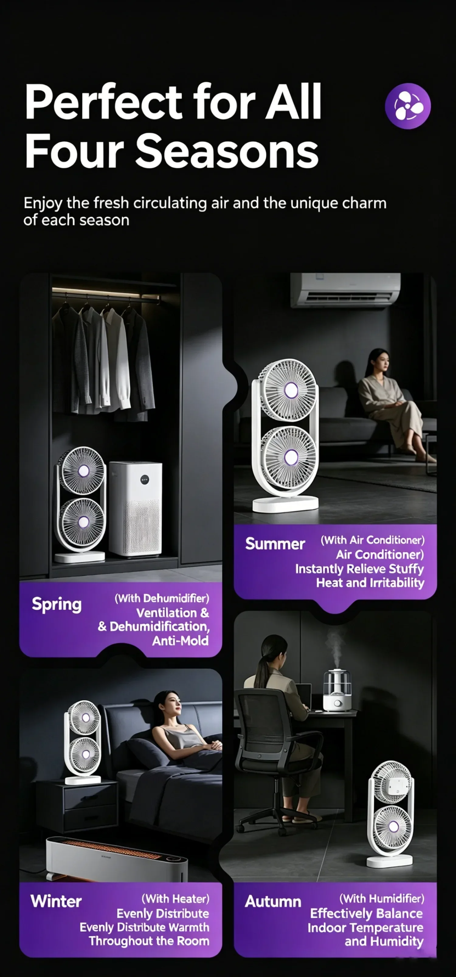 Dual-Head-Schreibtischventilator mit unabhängiger Steuerung, USB wiederaufladbar, 3 Geschwindigkeitsstufen, 360° verstellbar ° Geräuscharmer Twin-Turbo-Lüfter für Büro und Zuhause – Detail 14