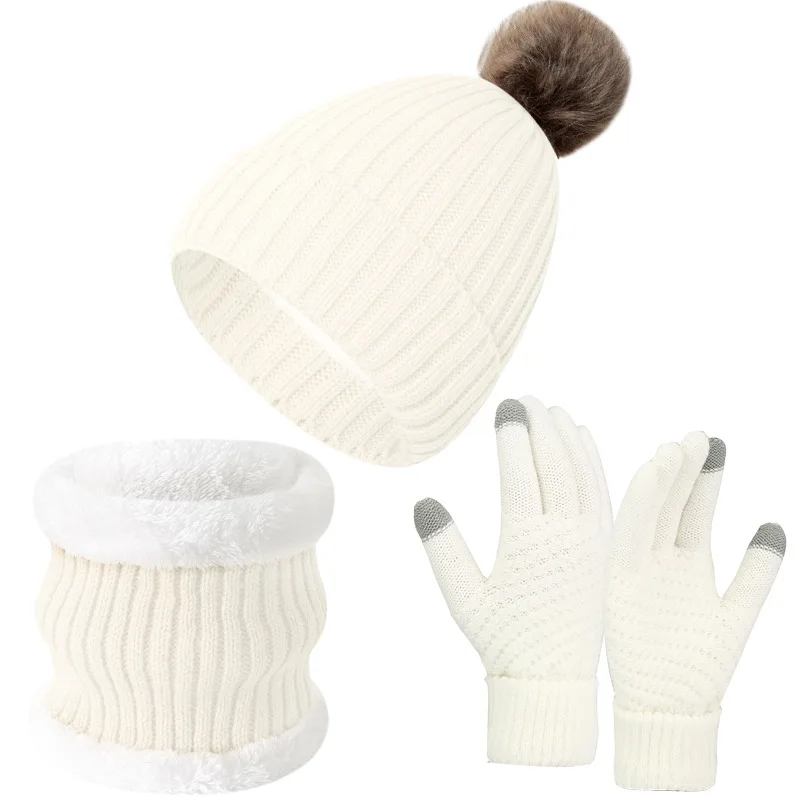 Men Women 3pcs set Hat Winter Knitted Hat Big Hair Ball Warm pile intensification Winter Knitted Hat Scarf and gloves