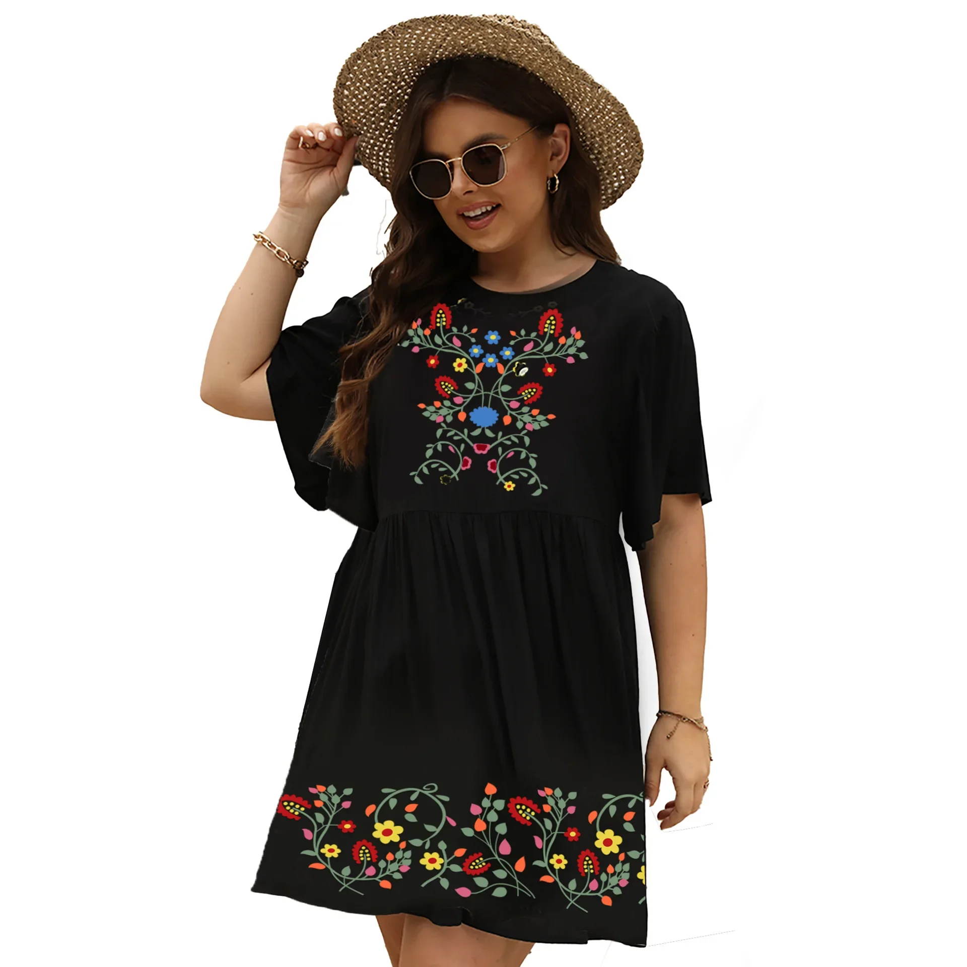 Eveovni Boho Embroidered Dress for Women Tradition Mexican Peasant Dresses Bohemian Skirts Plus Size Hippie Casual Tunic