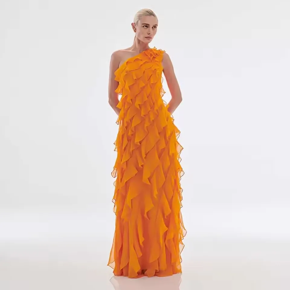 

2025 Ruffles Chiffon Prom Maxi Dress One Shoulder Tiered Layers Women Unique Party Dresses vestidos de fiesta elegantes