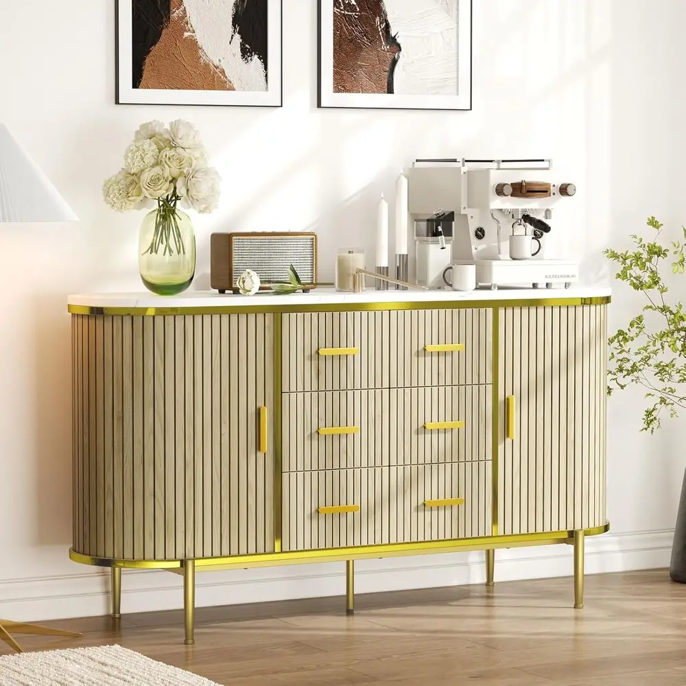 

Oak 59 Large Storage Sideboard with 6 Drawers, 2 Doors, for Kitchen, Media, and Entryway Use