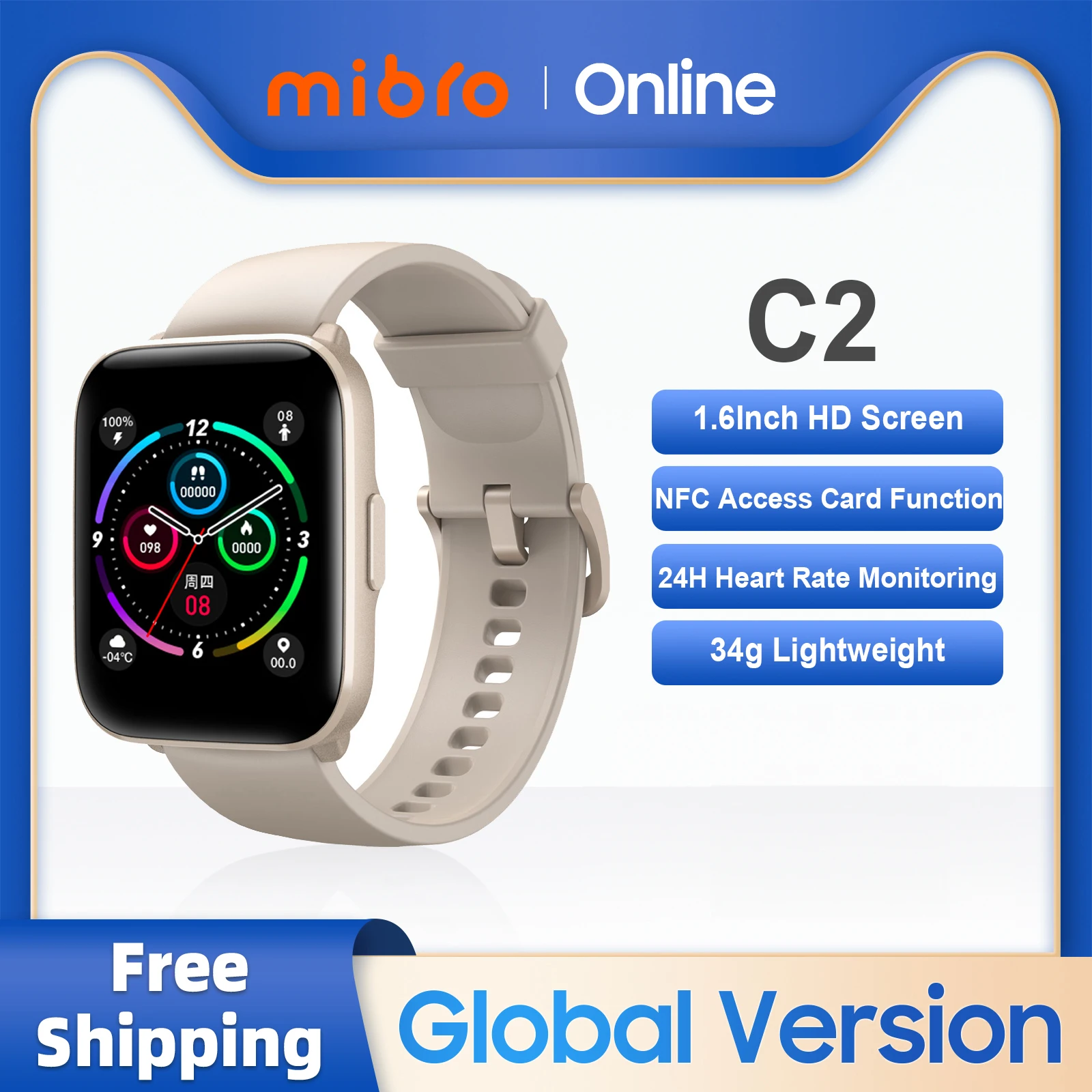 Global Version Mibro C2 Smartwatch 1.69inch HD Screen NFC 2ATM Waterproof Sports Heart Rate Monitor Men Women Smart Watch