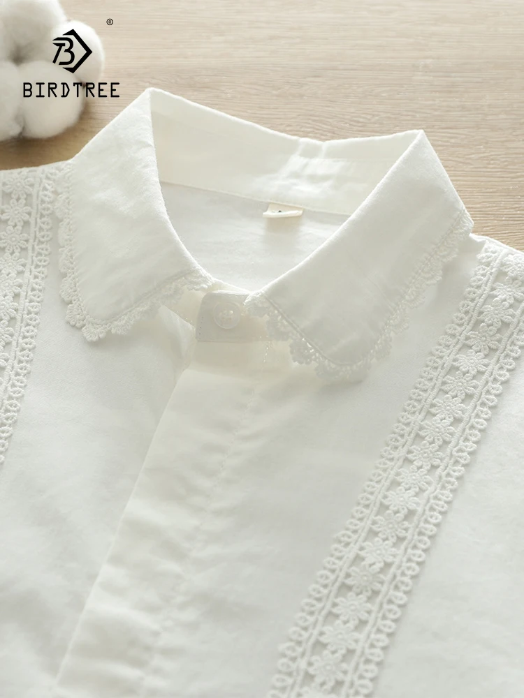 New Autumn Cotton Solid Shirt Women Lapel Collar Sweet Tops Girl Long Sleeve Lace Blouses Age Reduction 2024 Spring T41643QC