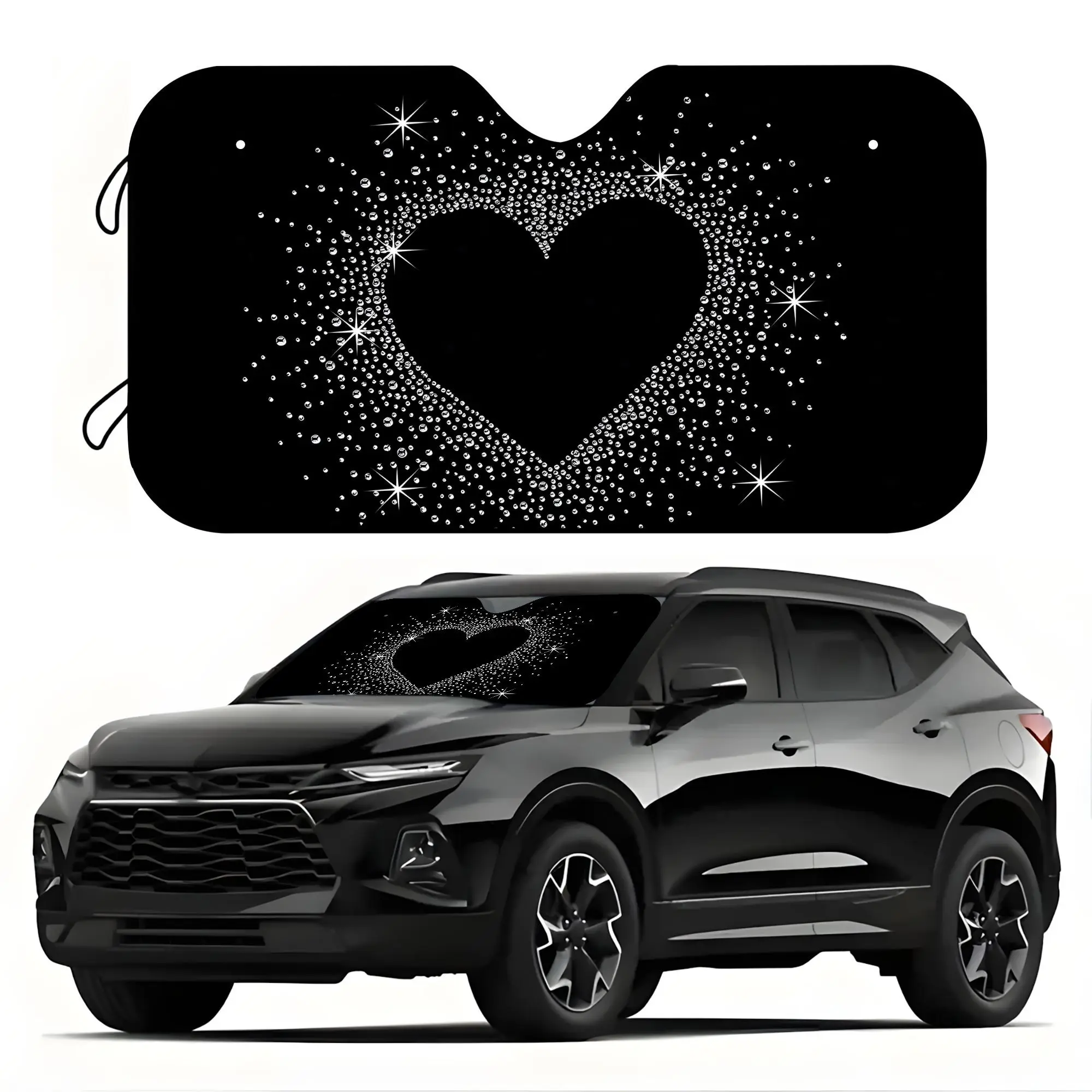 1pc A Sparkling Heart Shaped With Glittering Stars On Black Background UV Protection Sun Visor For Vehicle Front Glass, Internal