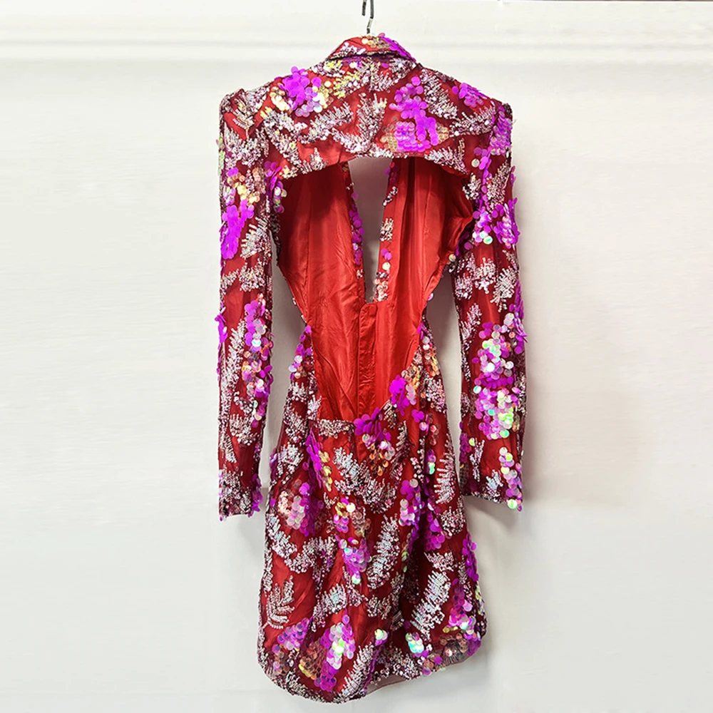 TWOTWINSTYLE Hit Color Spliced Sequines Mini Dresses For Women Lapel Long Sleeve Backless High Waist Slimming Dress Female New