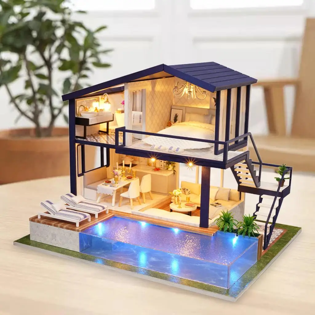 Miniature Doll  Wood Crafts Swimming Pool  House Creative Room Toys for Gift