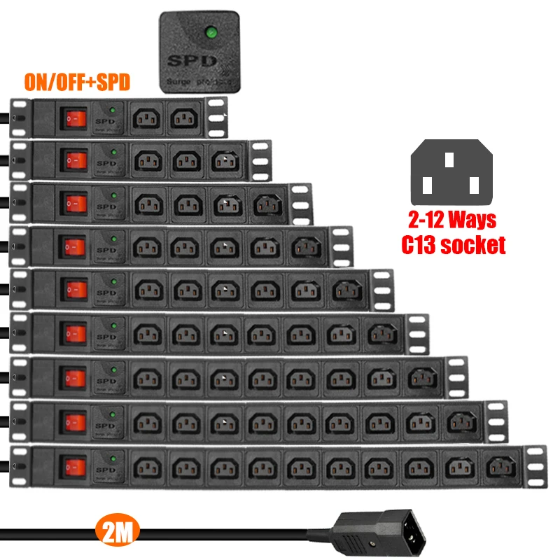 Power Distribution Unit 2-12 IEC C13 Socket Female Surge Protection+Switch 2Meters Extension Cord PDU Power Strip