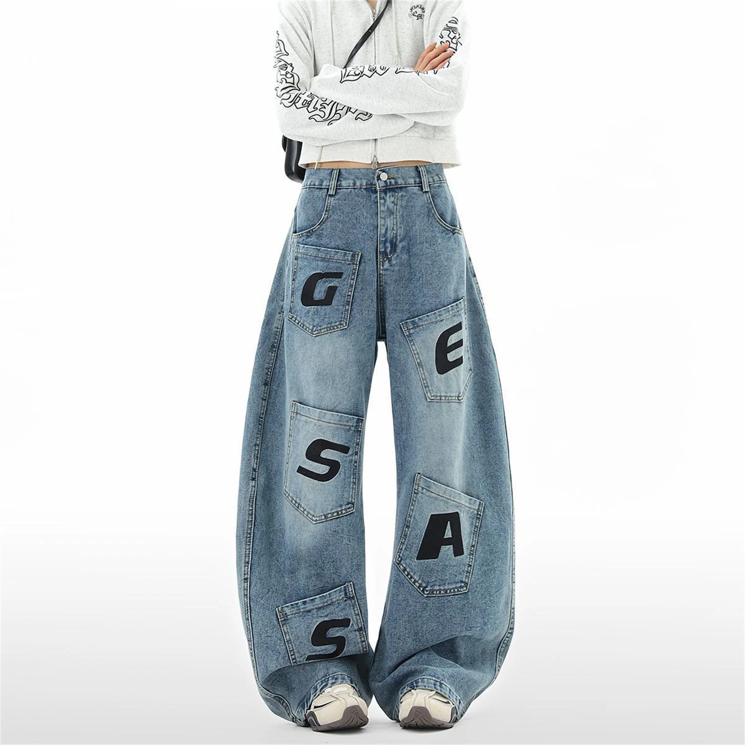 Damen-Jeans mit hoher Taille, weitem Bein, hellblau, Patchwork-Tasche, Buchstabendruck, Vintage-Y2K-Streetwear-Denim-Hose