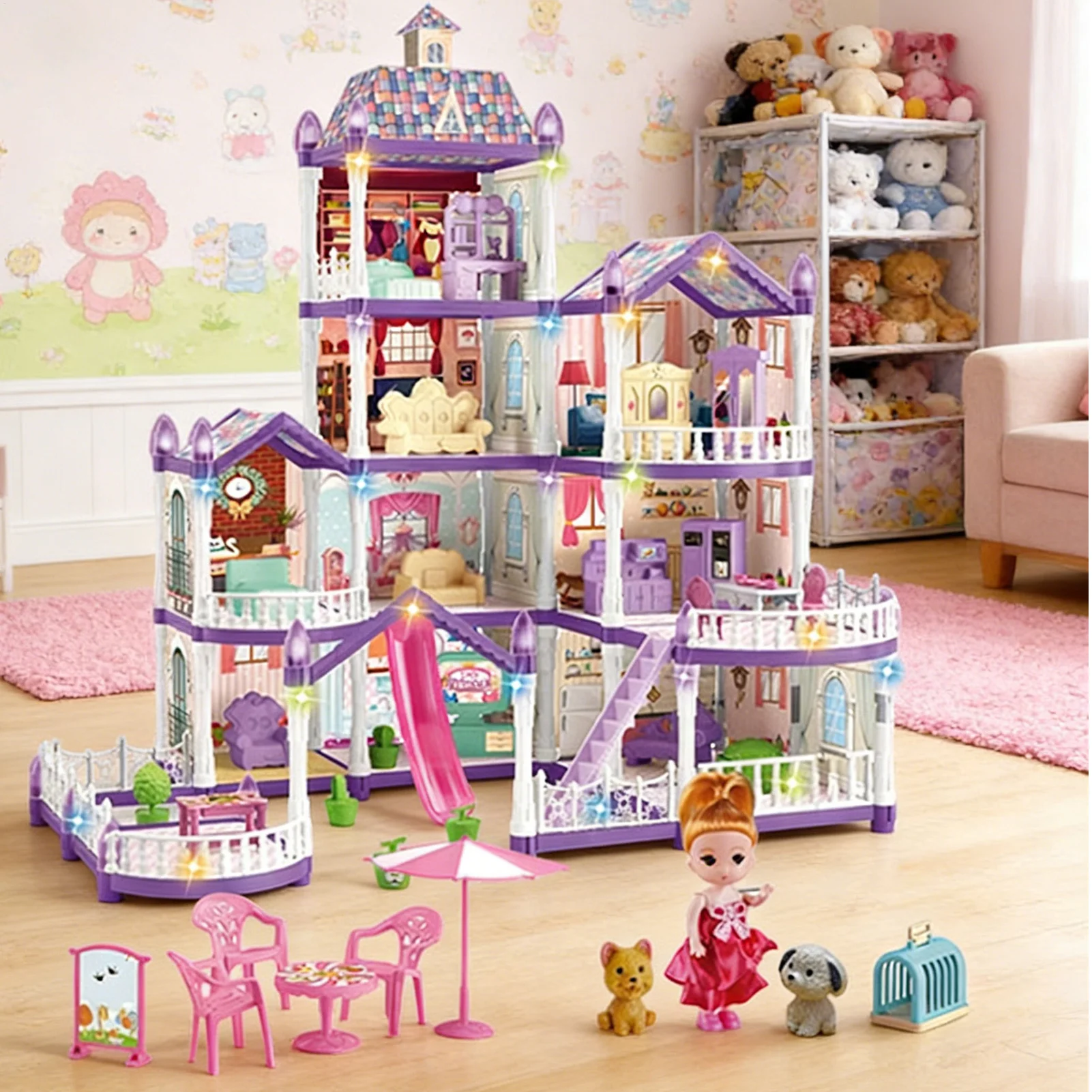 4 banden 13-kamer miniatuur montage poppenhuis speelset met 3 prinses 2 puppy's en meubelaccessoires voor kinderen rollenspel