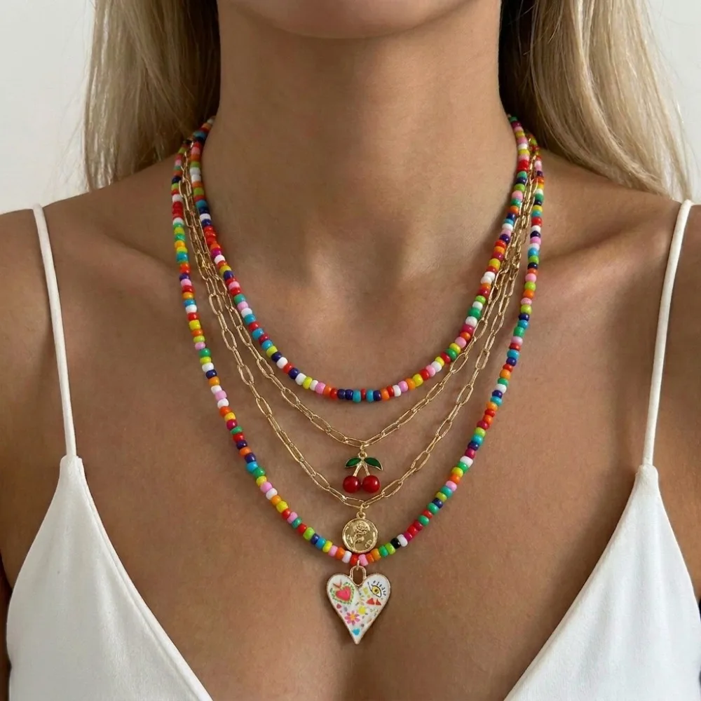 4Pcs Set Boho Exquisite Colorful Seed Beaded Cherry Small Fish Heart Evil Eye Pendant Necklace for Women Birthday Jewelry Sets