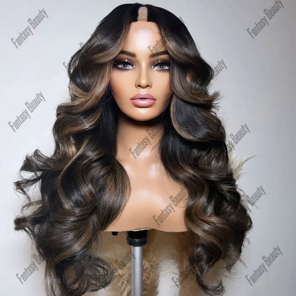 Body Wave Hightlight Honey Brown100%Human Hair 1x4Size Opening V Part Wigs for Women Glueless 200 Density Adjustable U Part Wigs