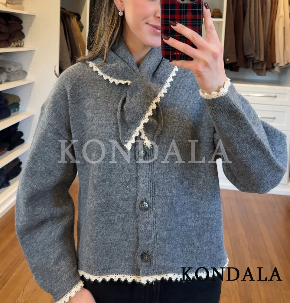 KONDALA Fall Elegant Headscarf Sweater Cardigan Women Lace Edge Buttons Knitted Jacket 2026 Spring Fashion Cute Casual Cardigan