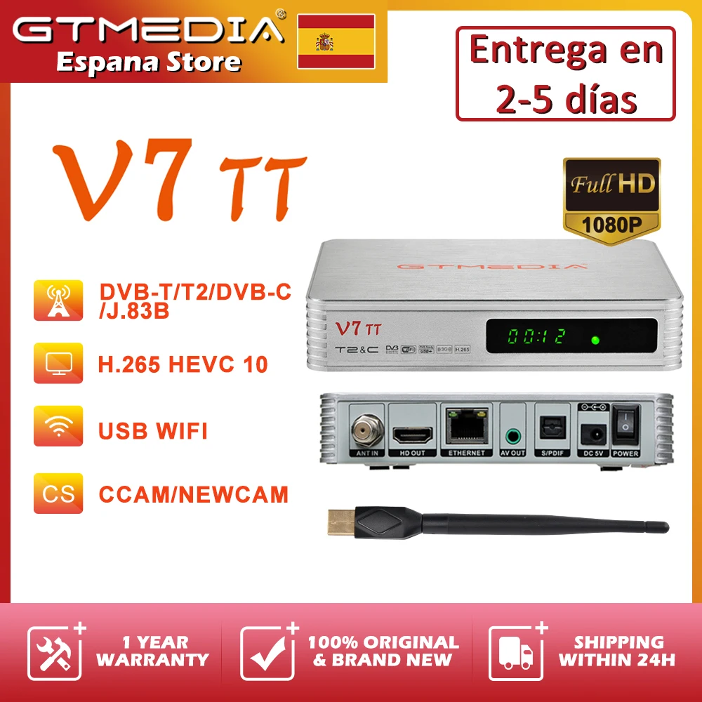Receptor terrestre GTMEDIA V7 TT V7TT DVB-T2/T/Cable H.265 HEVC sintonizador de 10 bits TDT DTT HD decodificador de TV con Receptor USB WIFI Stock en España