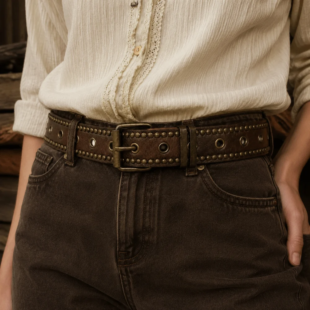 Rivet Studded PU Leather Belt Antique Bronze Pin Buckle Adjustable Waist Belt Distressed Brown Multi Hole Retro Belt