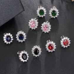 Colorful Cubic Zirconia Stone Oval Clip on Earrings Luxury Sliver Without Piercing Ear Clips for Women Wedding Jewelry