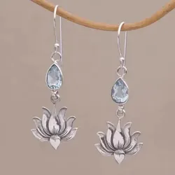 Simple Water Drop Inlaid Sea Blue Stone Hook Earrings Vintage Metal Silver Color Carving Lotus Dangle Earrings for Women