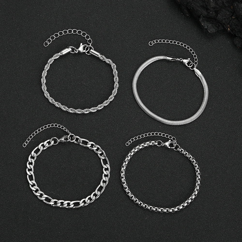 4PCS Stainless Steel Bracelets Set for Men & Women, Mixed Hip Hop Style, Fashion Party Jewelry, Ideal Christmas Gift